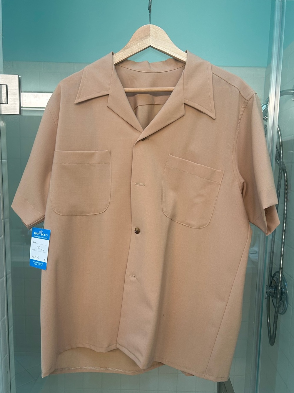Classic Men's Short-Sleeve Camp Collar Shirt in Tan. Vintage 1950s styling